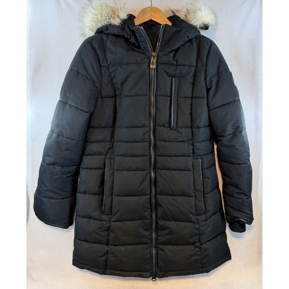 Noize Harper Women's Black Quilted Puffer Parka Jacket Faux Fur Hood Size Medium